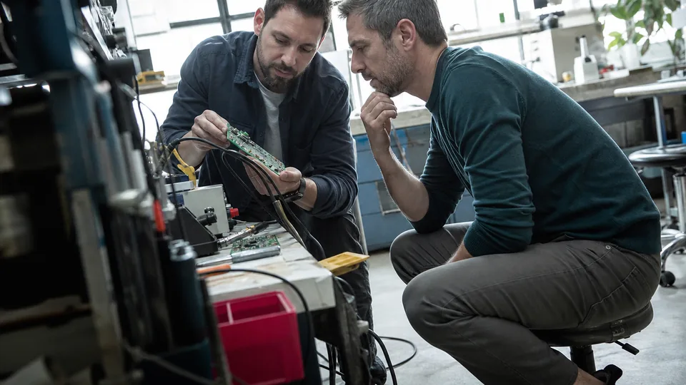 Partner funduszu VC ogląda prototyp w warsztacie młodej spółki technologicznej